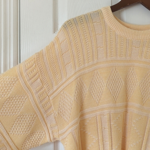 Par Four 90's Vintage Funky Jacquard Knit Crewneck Sweater Pastel Yellow Large - Picture 3 of 10